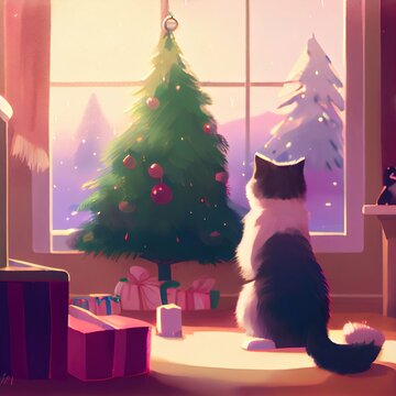 a ragdoll kitten looking at a christmas tree. Generative AI Technology