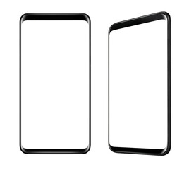 Front and side view of black smartphone with blank screen and modern frame less design isolated on...