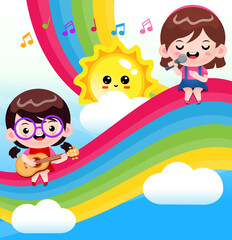 Cute Girls Playing Gitar and Singing Duet On The Rainbow