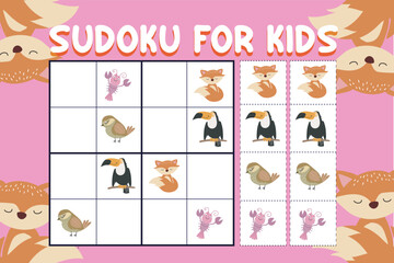 Sudoku game for children with pictures. Kids activity sheet. Training children’s logical thinking, educational game. Kids activity sheet. Vector cute animals. Printable puzzle game for preschool