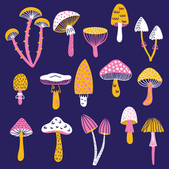 Fototapeta na wymiar Mushrooms toadstools colorful cute modern trendy decorative vector icons set. Vector illustration