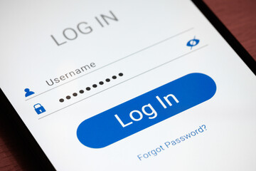 Verification screen on smartphone, username and password input fields, dotted password signs,...