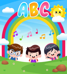 Group Of Happy Children Lying On Green Grass With Rainbow