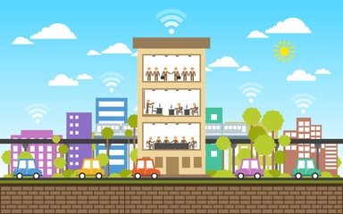 Obraz premium Vector illustration of metro city. wifi transportation business and jungle greenery in the city.