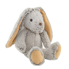 Soft fluffy rabbit toy with long ears, isolated on a white background