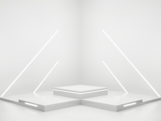 3D White Sci-Fi product display background. Scientific podium with white neon lights.