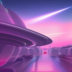 A beautiful and immaculate futuristic spaceport, view from an alleyway, vaporwave ombre rendering