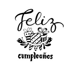 Feliz Cumpleanos, Happy Birthday in spanish language. Handdrawing lettering vector doodle illustration