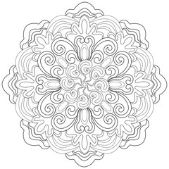 Colouring page, hand drawn, vector. Mandala 113, ethnic, swirl pattern, object isolated on white background.