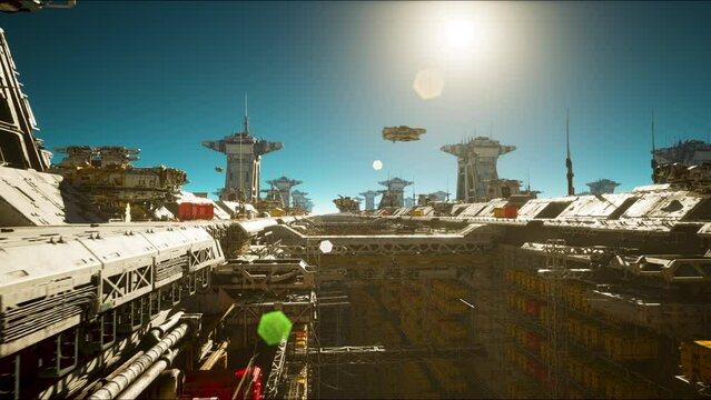 Futuristic Sci Fi Ships Flying Through a Military War Trading Base. Realistic 4k Animation for Fantasy Games or Sci-Fi Science Interstellar Space Travel Backgrounds. 3D Rendering