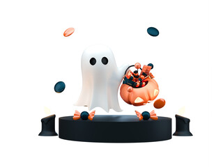 Halloween Ghost with Candies. 3D Illustration