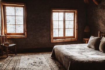 Obraz premium Wooden room with large bed with snowy landscape