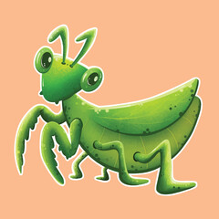 Cute cartoon green mantis standing on two legs Hand