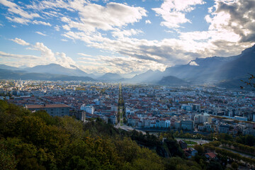 Grenoble France 11 2021 view of Grenoble from the heights of the Bastille, the city is known for its cable car which is nicknamed 