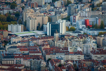 Grenoble France 11 2021 view of Grenoble from the heights of the Bastille, the city is known for its cable car which is nicknamed 