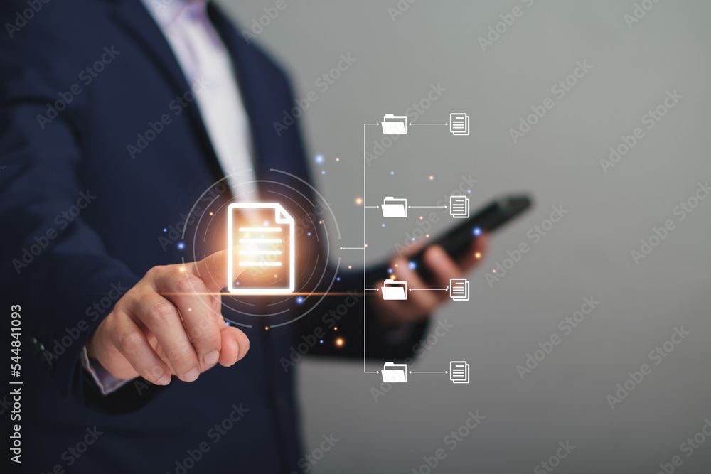 Poster document management system concept, business man using laptop search folder and document icon softwa