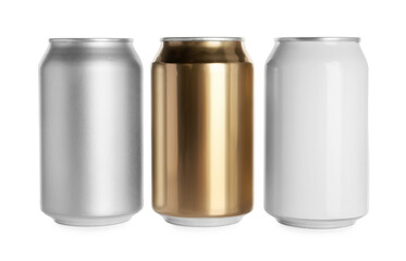 Aluminum cans with drinks on white background