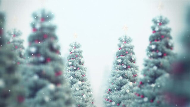 Passing Christmas Tree and Snow Fall Background Seamless Loop. Concept is Christmas tree with snow fall on winter background in Christmas and Happy New Year Seamless Loop.