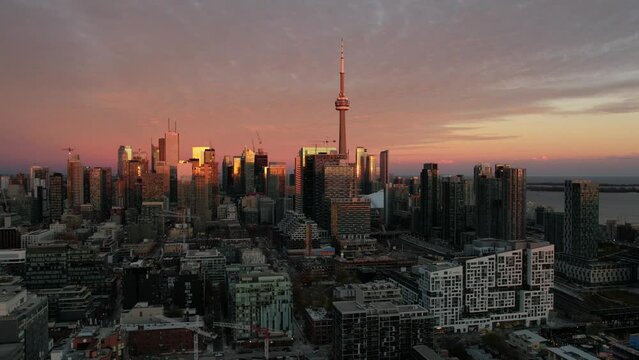 Toronto Skyline Sunset as viewed from a drone in restricted airspace - captured by an advanced operations pilot