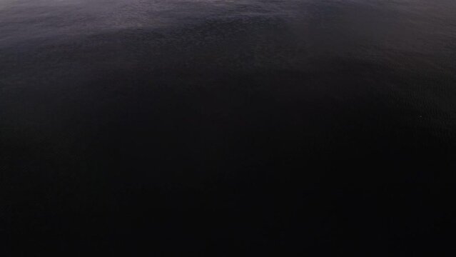 Panning up to Toronto's Skyline in the distance as viewed from a drone flying over a foggy lake. Toronto, Canada captured by Anthony Saleh