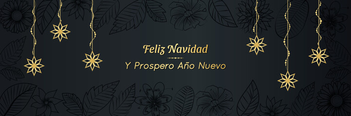 Fototapeta Feliz Navidad. Y Prospero Año Nuevo. Merry Christmas and Happy New Year, Winter holidays background with flowers, leaves, and snowflakes. Floral Banner, Greeting or website header with golden stars obraz