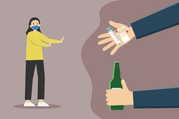 Woman refusing drugs and beer bottle
