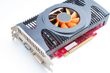 Video card on a white background. A display card, graphics card, or video adapter is an add-in card...