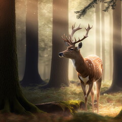 deer in the woods, fantasy forest,  digital 3D illustration Original concept, this Character is fiction based and does not exist in real life