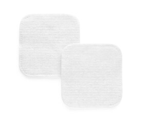 Soft clean cotton pads on white background, top view