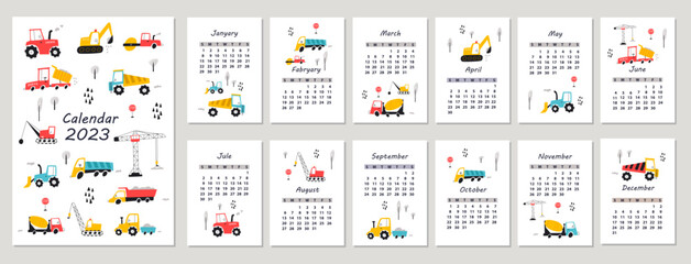 Fototapeta na wymiar Calendar 2023 with hand drawn cars. Vector