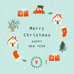 Christmas and New year cards with Christmas tree, wreath, christmas elements. Vector - 544844658