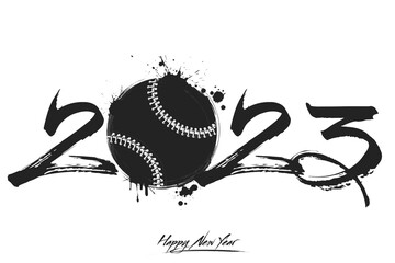 Numbers 2023 and a abstract baseball ball made of blots in grunge style. Design text logo Happy New Year 2023. Template for greeting card, banner, poster. Vector illustration on isolated background