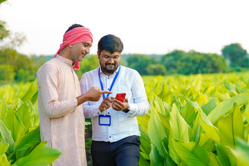 Young indian banker or officer showing some detail to farmer in smartphone at agriculture field