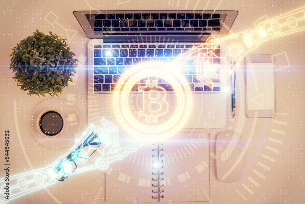 Poster Blockchain theme hologram drawings over computer on the desktop background. Top view. Multi exposure. Concept of cryptoeconomy.