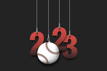 Numbers 2023 and baseball ball as a Christmas decorations are hanging on strings. New Year 2023 are hang on cords. Template design for greeting card. Vector illustration on isolated background