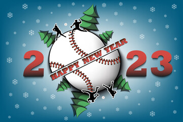 Fototapeta na wymiar Happy new year. 2023 with baseball ball, Christmas trees and baseball players. Original template design for greeting card, banner, poster. Vector illustration on isolated background