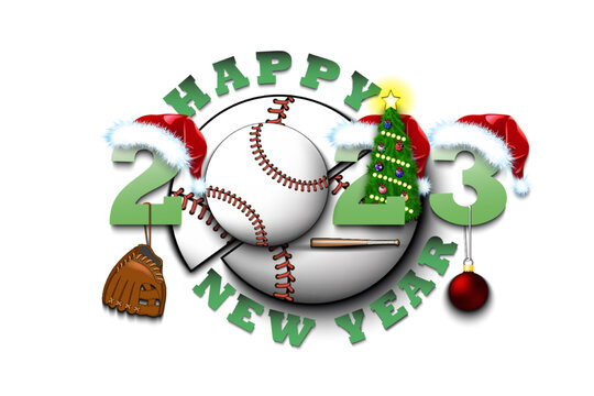 Happy new year. 2023 with baseball ball. Numbers in Christmas hats with baseball glove and Christmas tree ball. Original template design for greeting card. Vector illustration on isolated background