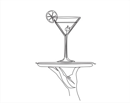 Continuous line vector illustration of hand holding dish with glass with martini drawn from the hand a picture of the silhouette. Line art. 