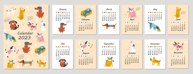 Calendar 2023 with hand drawn cute dogs. Vector