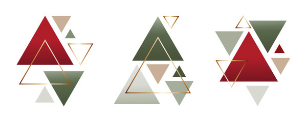 Merry christmas, Happy New year 2024, abstract geometric print set with red, green and gold triangles, Christmas tree, fir-tree. Vector