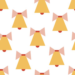 Seamless pattern with geometric gold bells and pink ribbons. Christmas vector flat background