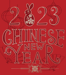 illustration of chinese happy new year wuth rabbit, red and gold