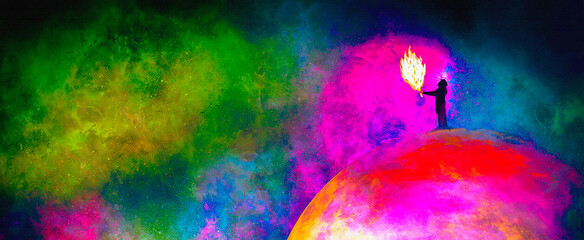 Obraz na płótnie Canvas colorful galaxy with man and light,fire abstract hope ,concept background