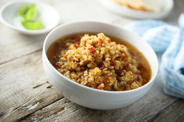 Traditional homemade lentil soup with vegetables