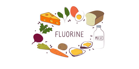 Fluorine-containing food. Groups of healthy products containing vitamins and minerals. Set of fruits, vegetables, meats, fish and dairy