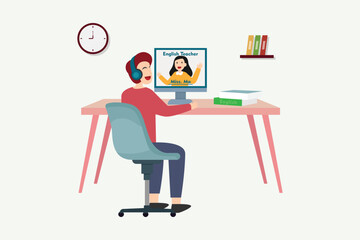 University student learning english on video conference