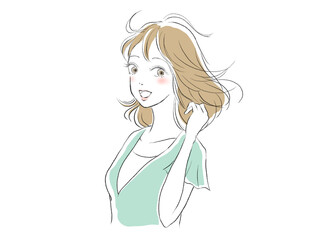髪がたなびくセミロングの女性のイラスト