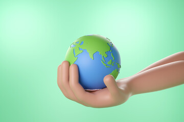 Hand holding earth globe on green background metaphor environment friendly, Clean energy and love nature concept. 3D rendering.