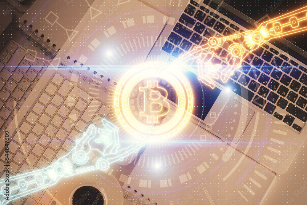 Poster Blockchain theme hologram drawings over computer on the desktop background. Top view. Double exposure.