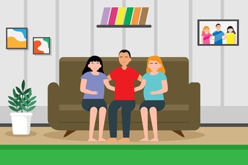 Young husband sitting with his two wives on sofa